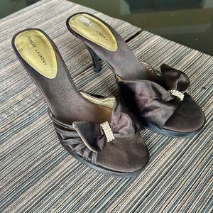Chinese Laundry Brown Satin Peep Toe Heels with a Bow and Crystal Detail 9.5